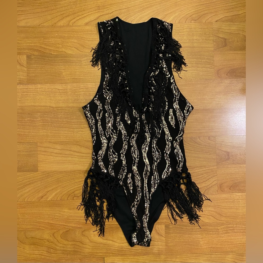 Black & Gold Sequin Shimmy Festival Bodysuit - Picture 5 of 11